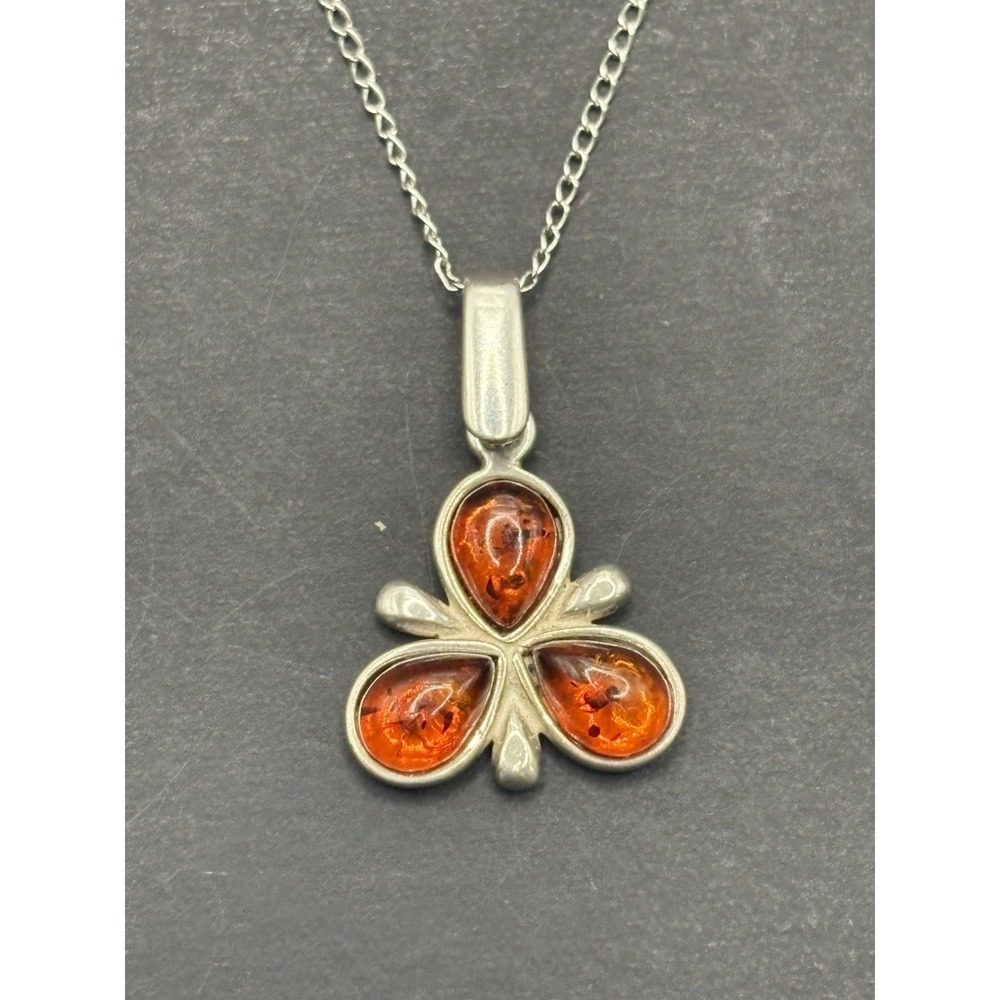 16" Vintage Sterling Silver Amber Pendant Necklace 925 H4